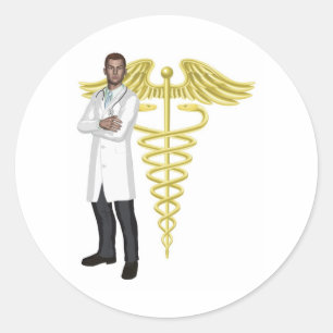 Doctor and caduceus symbol illustration classic round sticker