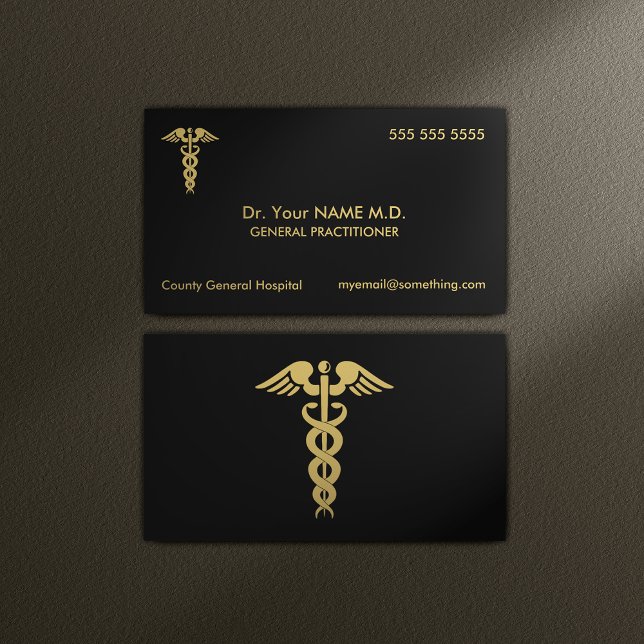 Doctor Caduceus Black and Gold Business Card (Medical Doctor Business Cards)