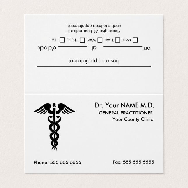 Doctor Caduceus White Appointment Business Card (Outside Unfolded)