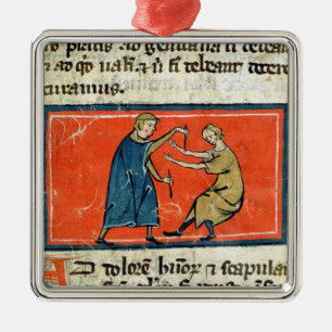 Doctor cauterising a wound with fire metal tree decoration