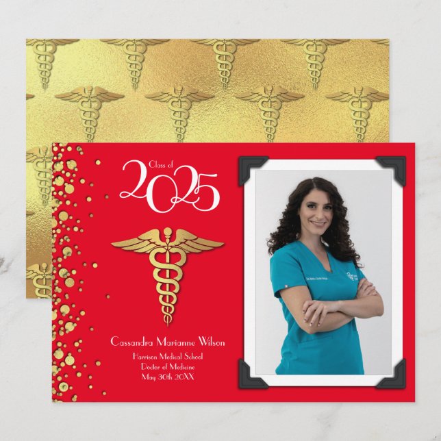 Doctor Gold Graduation Announcement Red (Front/Back)