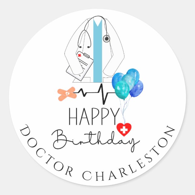 Doctor Happy Birthday White Coat Personalised Flat Classic Round Sticker (Front)