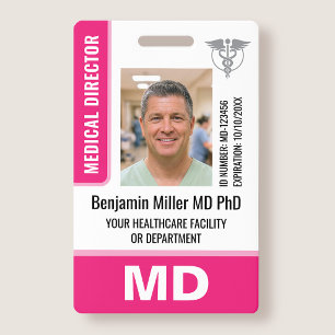 Doctor ID Badge Photo Logo MD Security Tag Pink