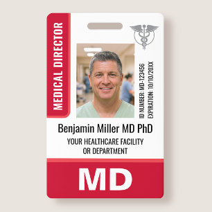 Doctor ID Badge Photo Logo MD Security Tag Red