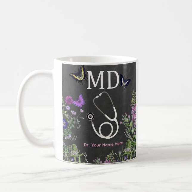 Doctor MD Stethoscope Floral Personalised Coffee Mug (Left)