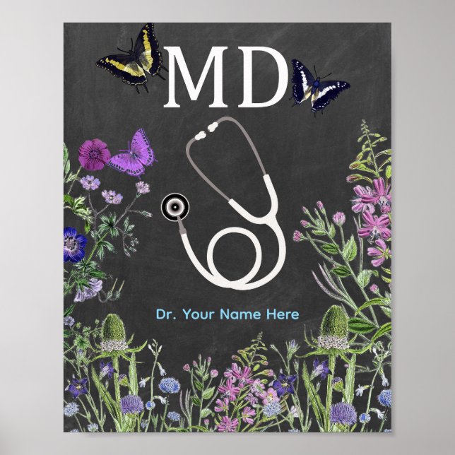 Doctor MD Stethoscope Floral Personalised Poster (Front)