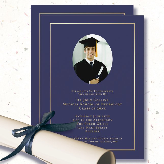  Doctor Navy Blue Medical School Photo Graduation  Invitation (Creator Uploaded)