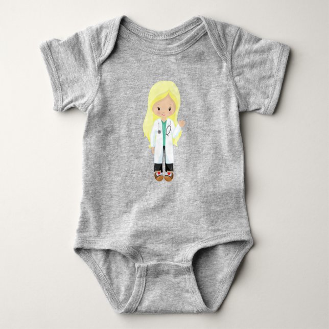 Doctor, Nurse, Stethoscope, Lab Coat, Blonde Hair Baby Bodysuit (Front)