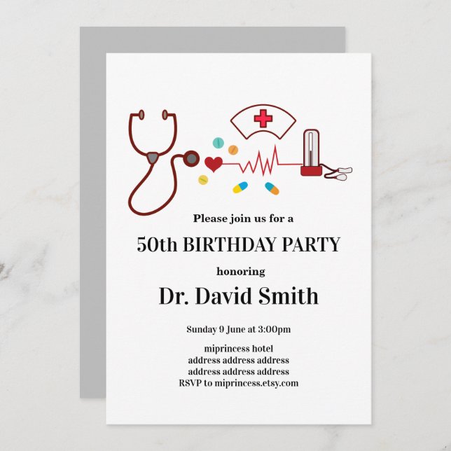 Doctor , Nursing, Medical birthday Invitation (Front/Back)