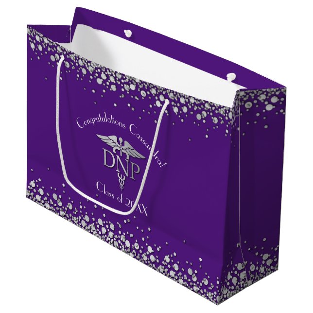 Doctor Nursing Practice Graduation Purple Silver Large Gift Bag (Front Angled)