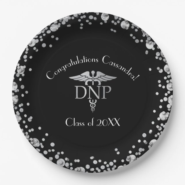 Doctor of Nursing Practice Graduation Black Silver Paper Plate (Front)