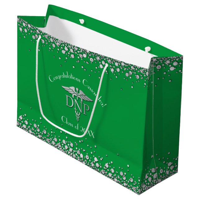 Doctor of Nursing Practice Graduation Green Silver Large Gift Bag (Front Angled)