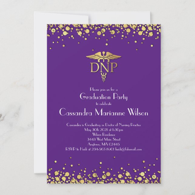 Doctor of Nursing Practice Graduation Purple Gold Invitation (Front)