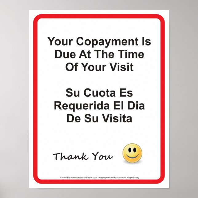 Doctor Office Copayment Wall Sign English Spanish (Front)