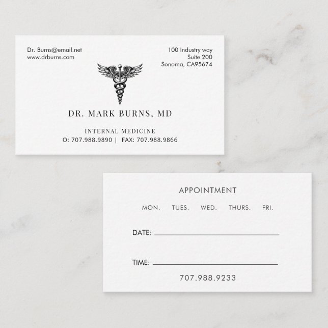 Doctor Physician Caduceus Business And Appointment Card (Front/Back)
