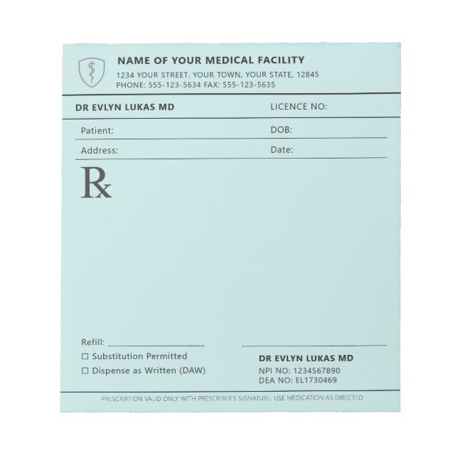 Doctor Prescription Editable Pastel Blue Medical Notepad (Front)