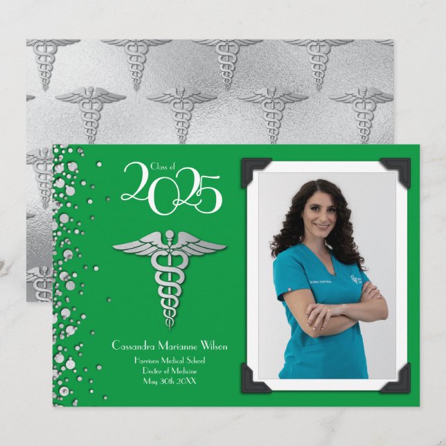 Doctor Silver Graduation Announcement Green (Front/Back)