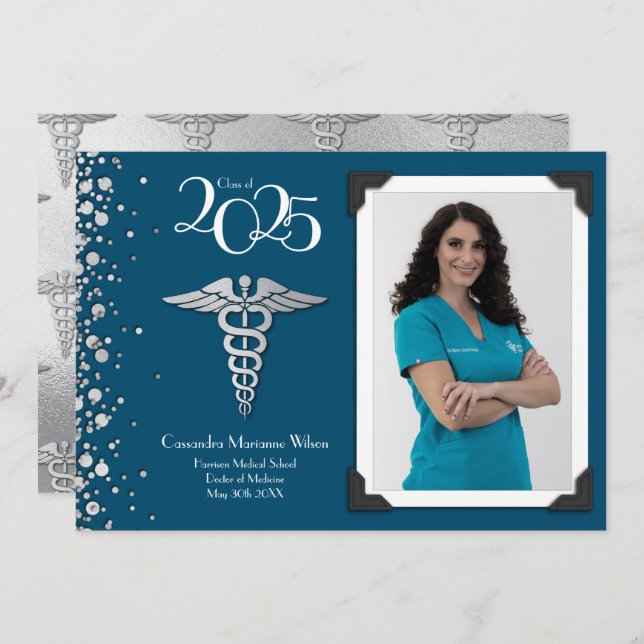 Doctor Silver Graduation Announcement Navy Blue (Front/Back)