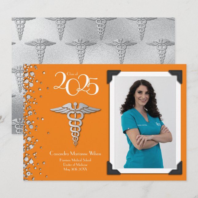 Doctor Silver Graduation Announcement Orange (Front/Back)