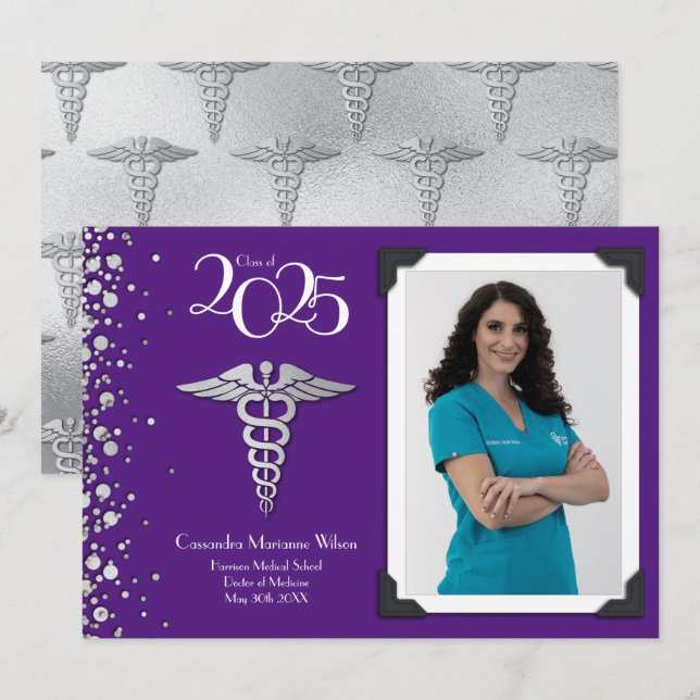 Doctor Silver Graduation Announcement Purple (Front/Back)
