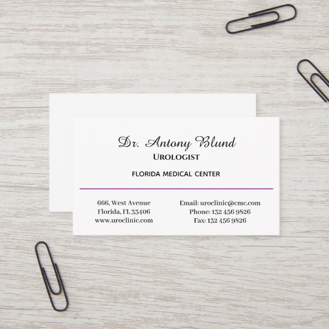 Doctor Urologist Simple Purple Business Card (Front/Back In Situ)