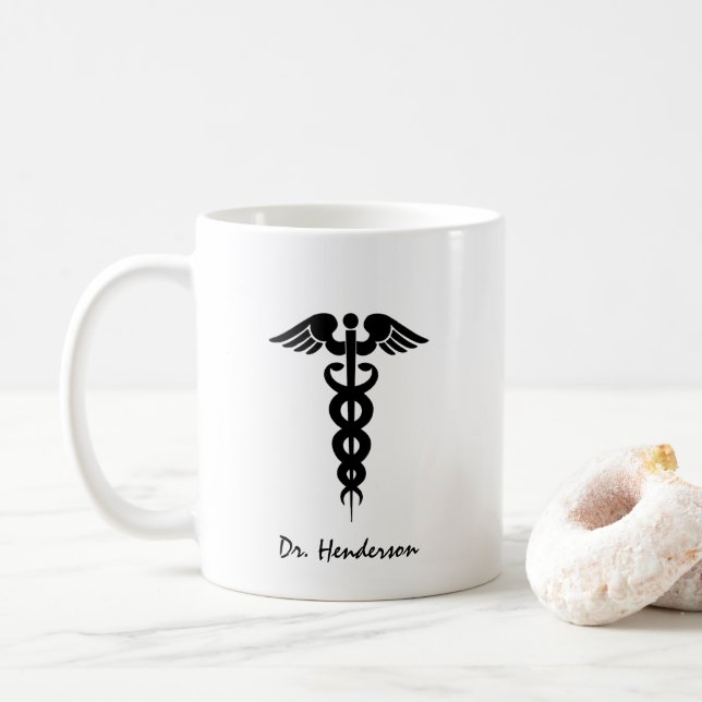 Doctor White Black Caduceus Personalized Coffee Mug (With Donut)