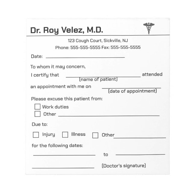 Doctors Excuse Notepad (Front)