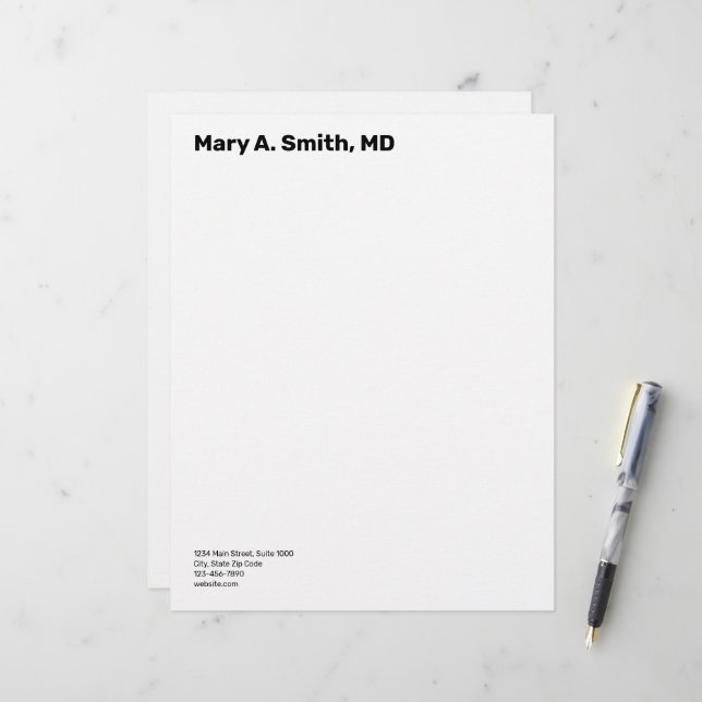 Doctor's Name in Bold & Contact Information White Custom Letterhead (Front/Back In Situ)