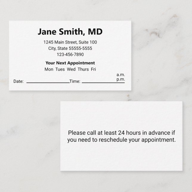 Doctors Office Black White Appointment Reminder Card (Front/Back)
