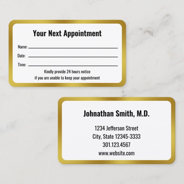Doctors Office White Gold Your Next Appointment Card (Front/Back)