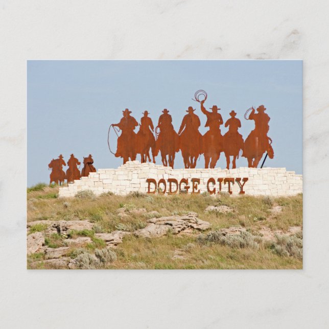 Dodge City Sign - Cowboys - Horses - Welcome Postcard (Front)