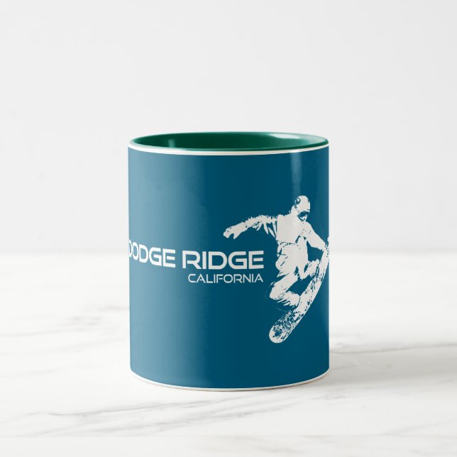Dodge Ridge Mountain Resort California Snowboarder Two-Tone Coffee Mug (Center)