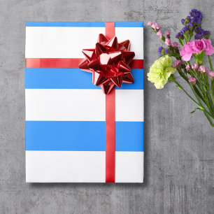 Dodger Blue White Wide Horizontal Striped Wrapping Paper