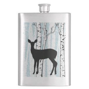 Doe a Deer in Birch Forest on Blue Flask