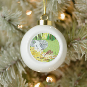 Doe and Fawn Ceramic Ball Christmas Ornament