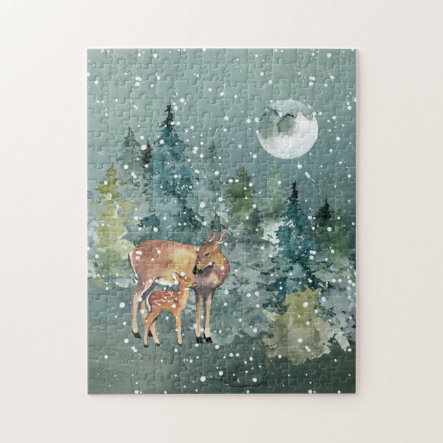 Doe and Fawn Deer Forest Full Moon Snowfall Jigsaw Puzzle (Vertical)