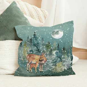 Doe and Fawn Deer in Forest Full Moon Snowfall Cushion