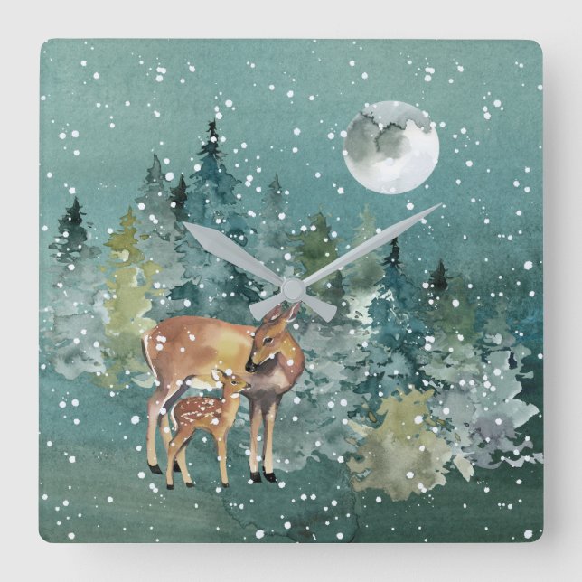 Doe and Fawn Deer in Forest Full Moon Snowfall Square Wall Clock (Front)