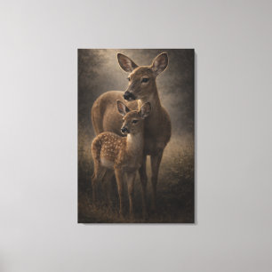 Doe and Fawn Deer Wildlife Art Stretched Canvas Print