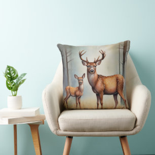 Doe And Fawn In Woodland Light Landscape Cushion