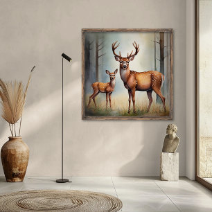 Doe And Fawn In Woodland Light Landscape Poster