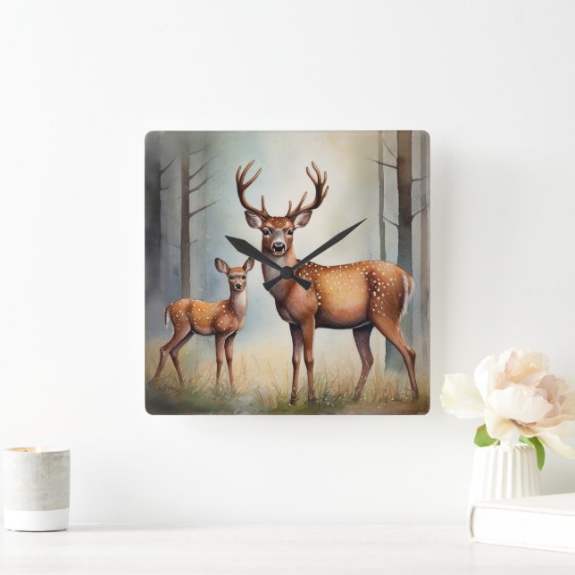 Doe And Fawn In Woodland Light Landscape Square Wall Clock (Home)