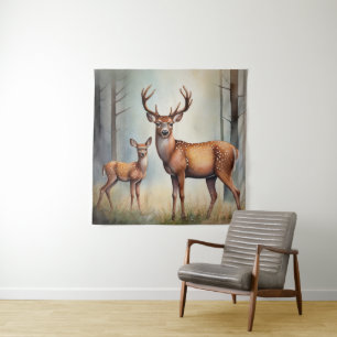 Doe And Fawn In Woodland Light Landscape Tapestry