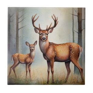 Doe And Fawn In Woodland Light Landscape Tile