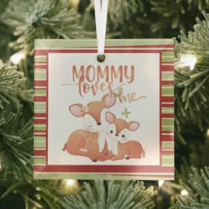 Doe Deer and Fawn Mommy Loves Me Glass Tree Decoration