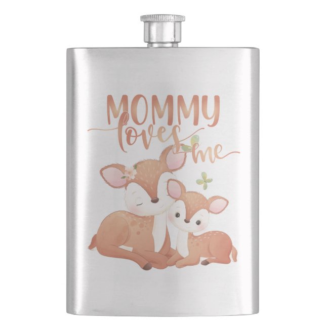 Doe Deer and Fawn Mummy Loves Me Hip Flask (Front)