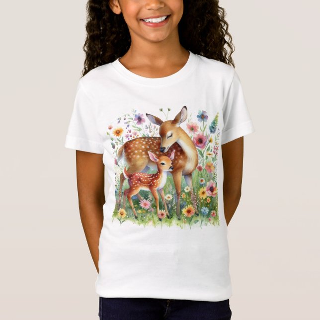 Doe Deer and Fawn Standing in Wildflowers Kids  T-Shirt (Front)