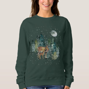 Doe Fawn Deer Forest Full Moon Snowfall Christmas Sweatshirt