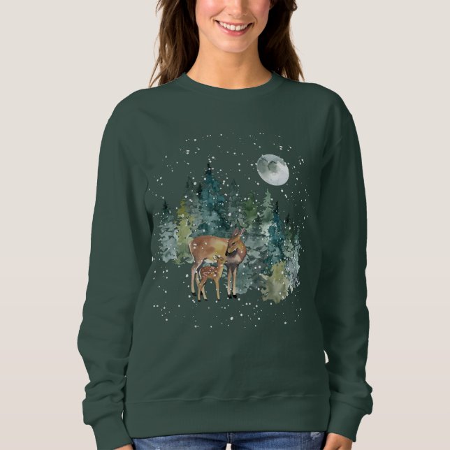 Doe Fawn Deer Forest Full Moon Snowfall Christmas Sweatshirt (Front)