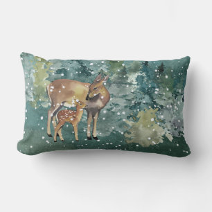 Doe Fawn Deer in Forest Snowfall Lumbar Cushion